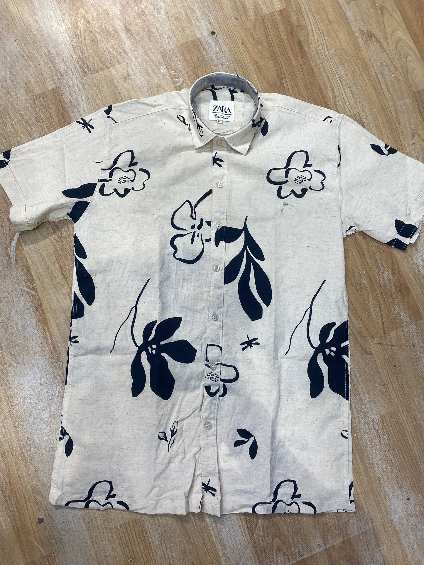 RAZ ZAR Cream Colour Navy Print Half Sleeve Linen Shirt 988991