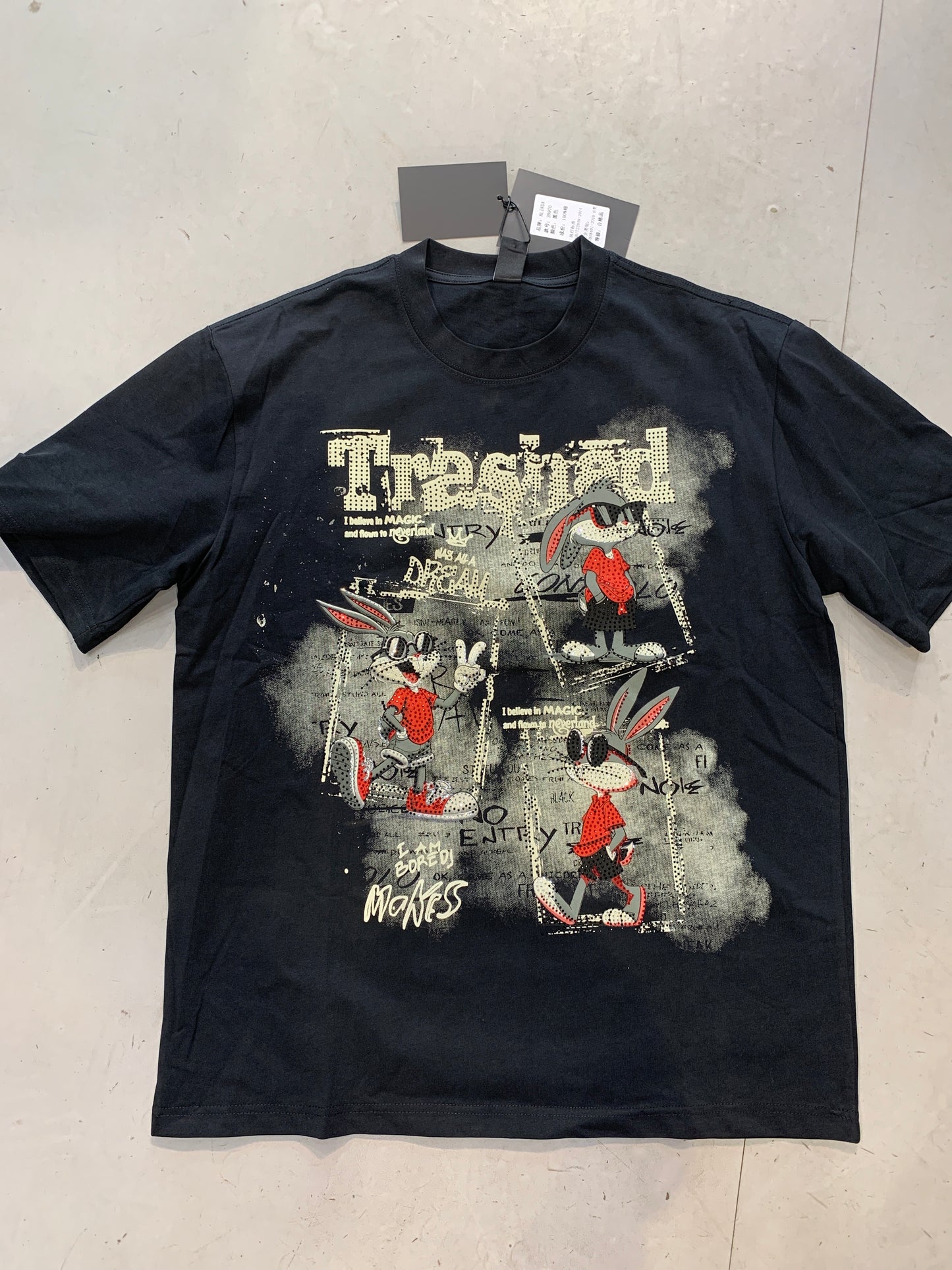 ALINDA HOMME Black Grey Colour Trashad Bunny Stone Print Imported Oversized Unisex TShirt 39970