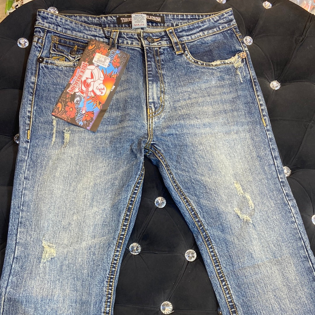 URT Dark Faded Blue Colour Rugged Damage Back Embroidery Pocket Straight Fit Jeans 382