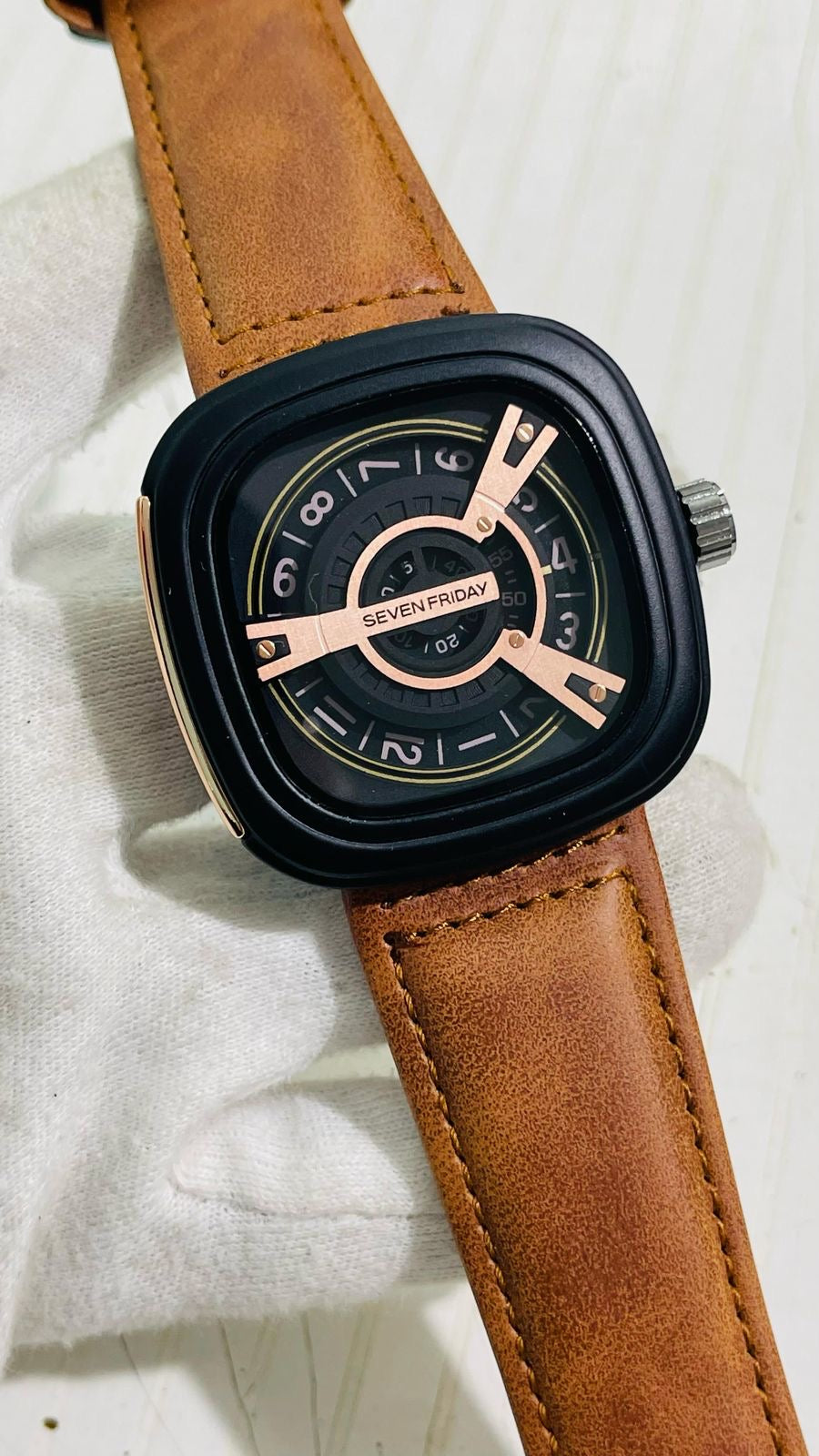 Ves Tan Strap Copper Square Dial Watch For Men 988809