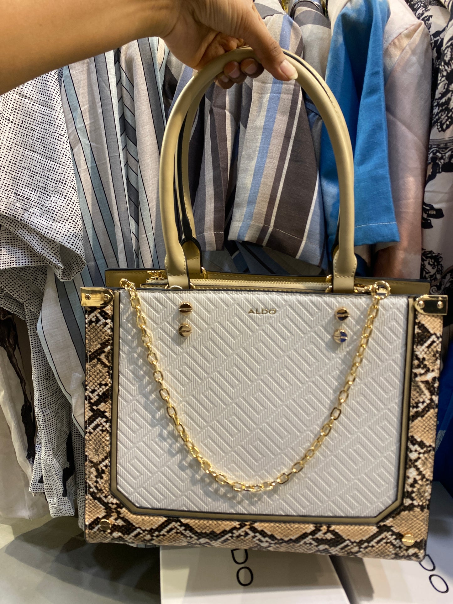 ALD DLA White Brown Black With Cobra Print Premium Quality Ladies Tote Hand Bag M-2174#