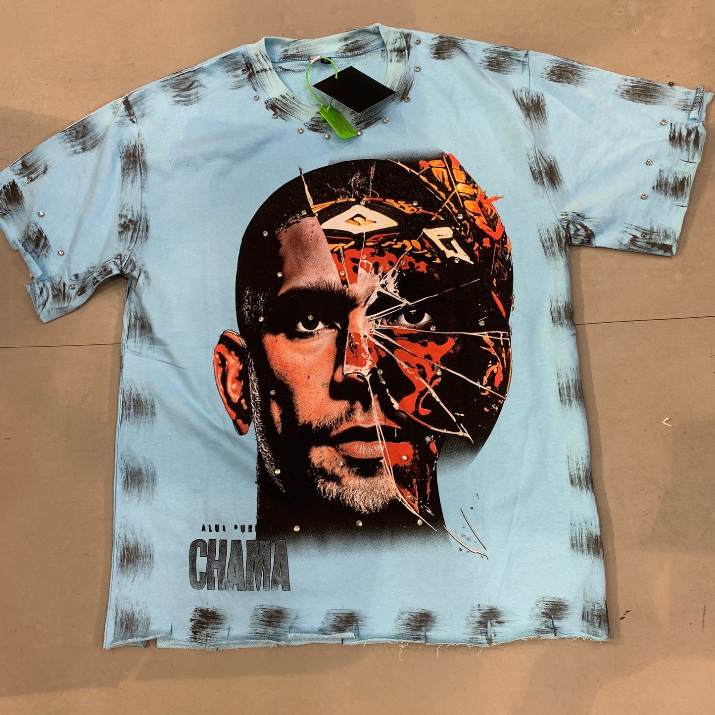 Keep Play Chama Sky Blue Colour Face Print With Stone Studd Premium Quality Imported Oversized Unisex T Shirt 990373