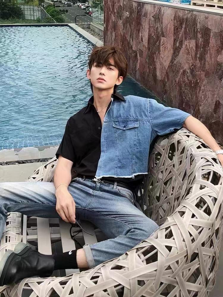 Longdaodao Black Colour With Half Denim Style Half Sleeve Shirt 060