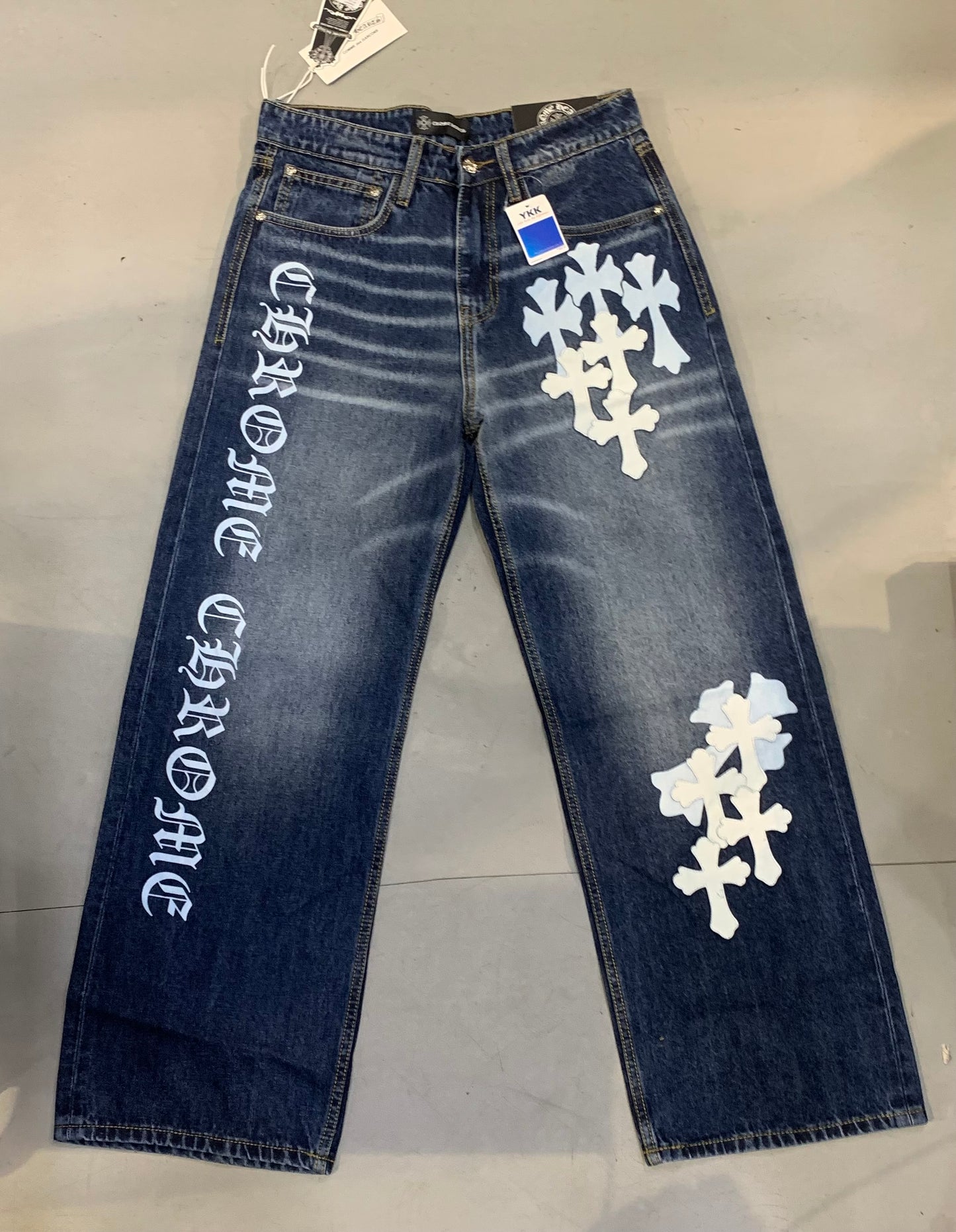 RHC CHR Blue Denim White Pach With Print Premium Quality Straight Baggy Fit Jeans 374V