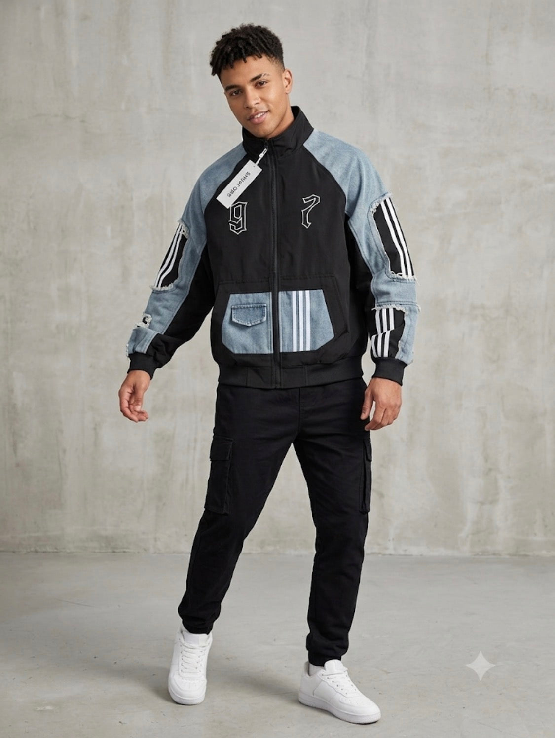SHUAI QIFS 97 Black Colour With Rugged Blue Denim Design Premium Quality Unisex Jacket 268-15