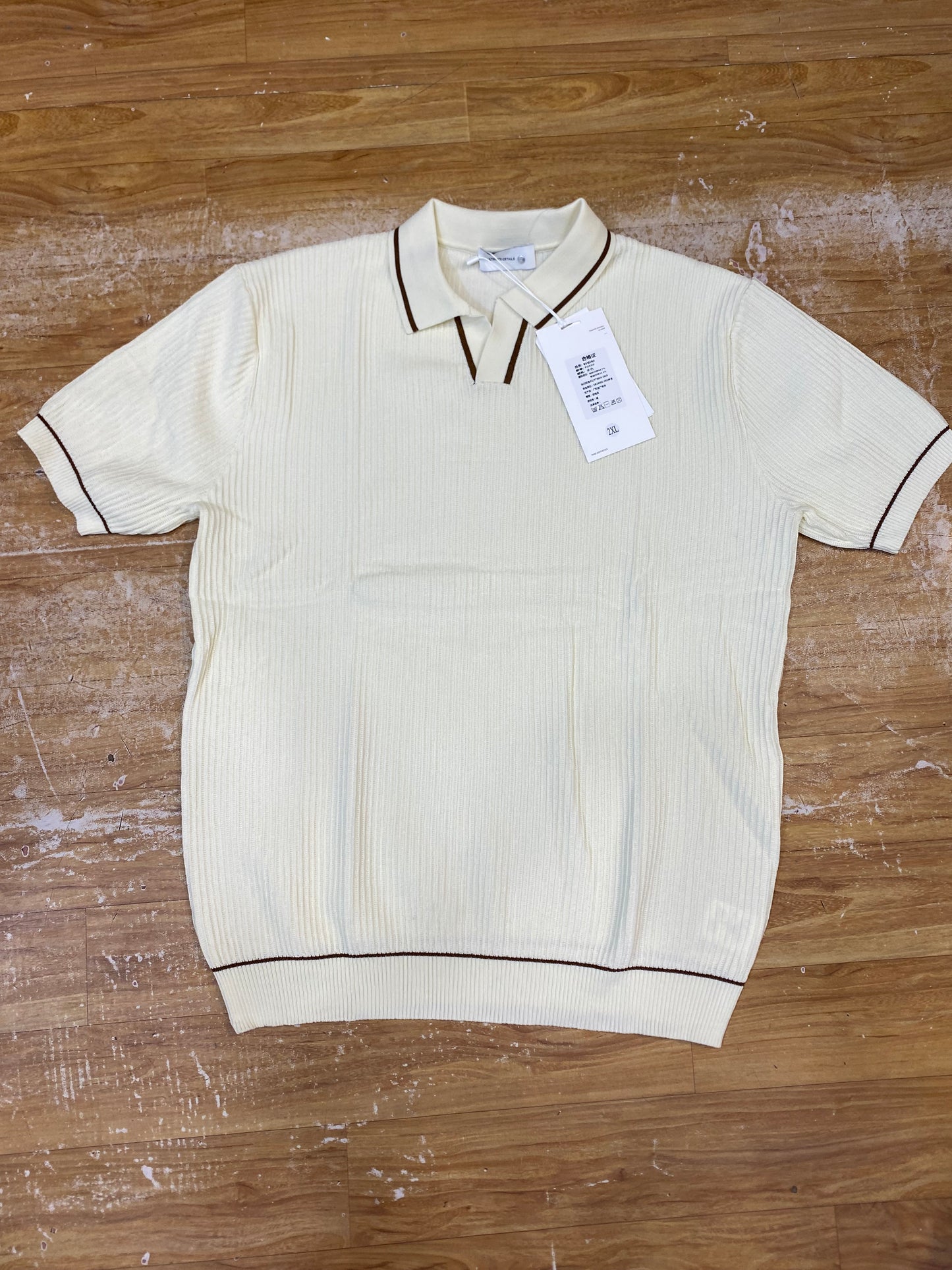 UOY Youdian cream Colour Knitted Premium Quality Unisex Beige Lining Collar T-Shirt P2010