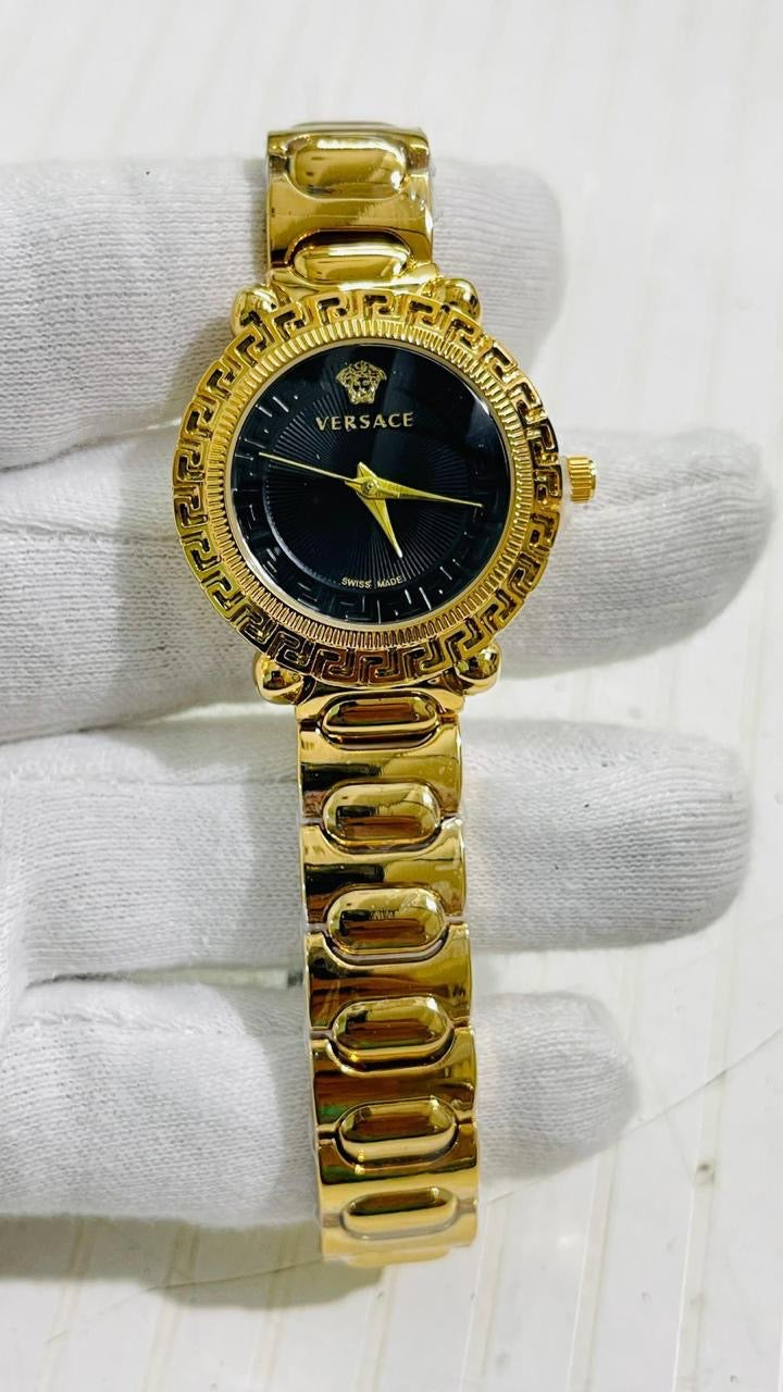 REV VER Golden Silver Chain Black Dial Ladies Watch 989303