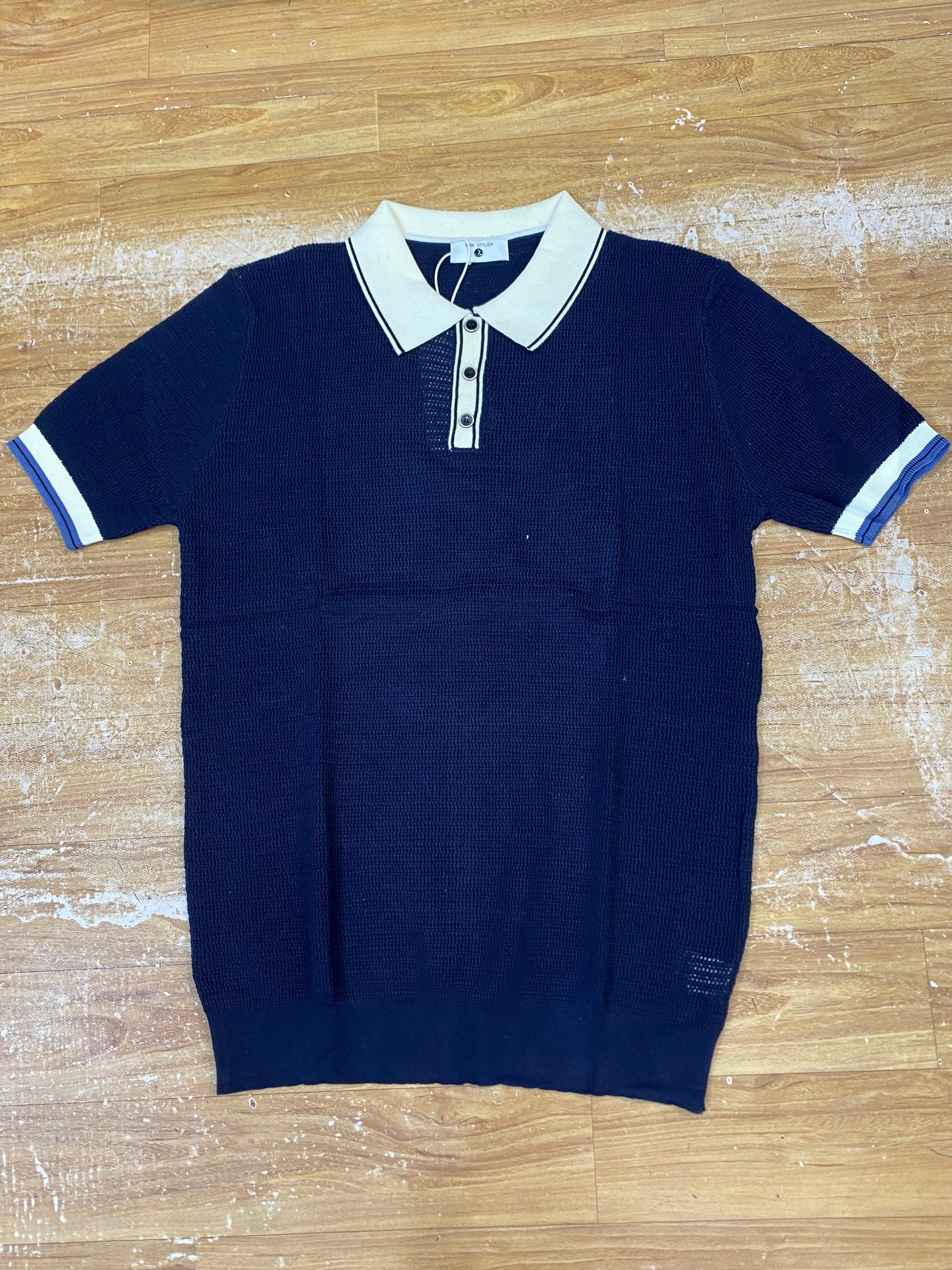 REA Aertu Blue White Colour Knitted Premium Quality Unisex Black Lining Collar T-Shirt R86131