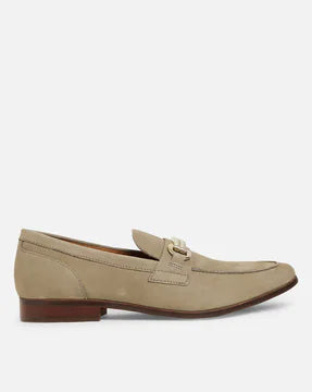 Beige Suede Leather Brown Sole Golden Buckle Formal Loafer Shoes V5004