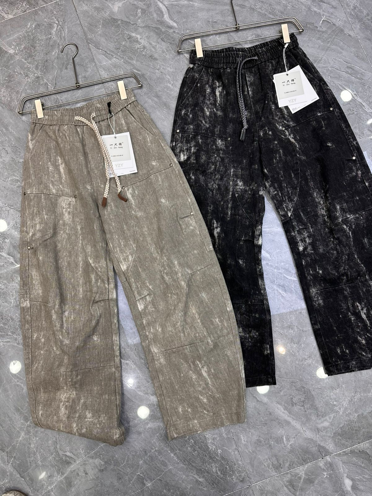 YZY Korean Style Faded Light Grey Baggy Fit Denim Cargo Pants Y1073