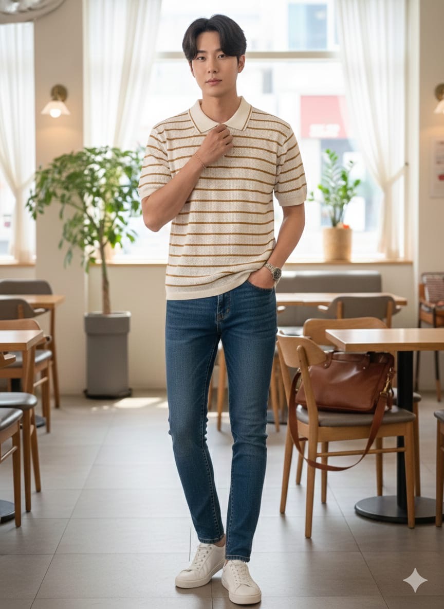 BUSA Cream Colour with Mustard Lines Knitted Premium Quality Unisex Collar T-Shirt 2043