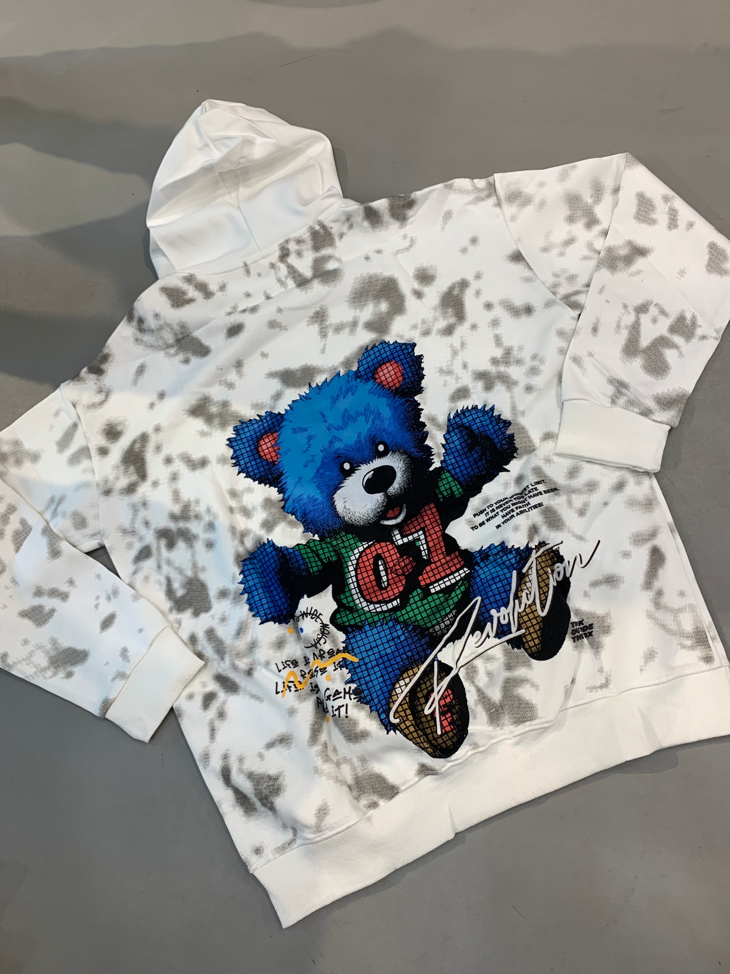 LDA White Grey Teddy Bear Print Revolution Think Out Side The Box Full Sleeve Hoodie 7015