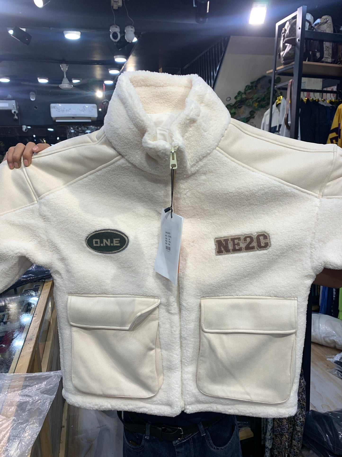 NE2C Cream Colour Patch Work Premium Quality Imported Unisex Sheep Jacket 23296