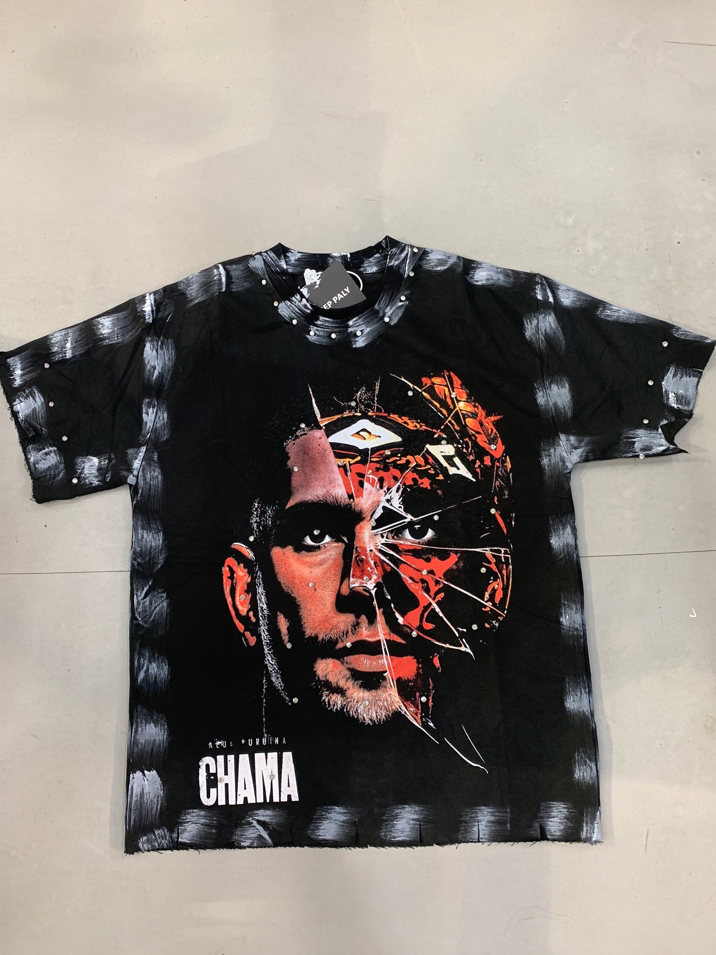 Keep Play Chama Black Colour Face Print With Stone Studd Premium Quality Imported Oversized Unisex T Shirt 990375
