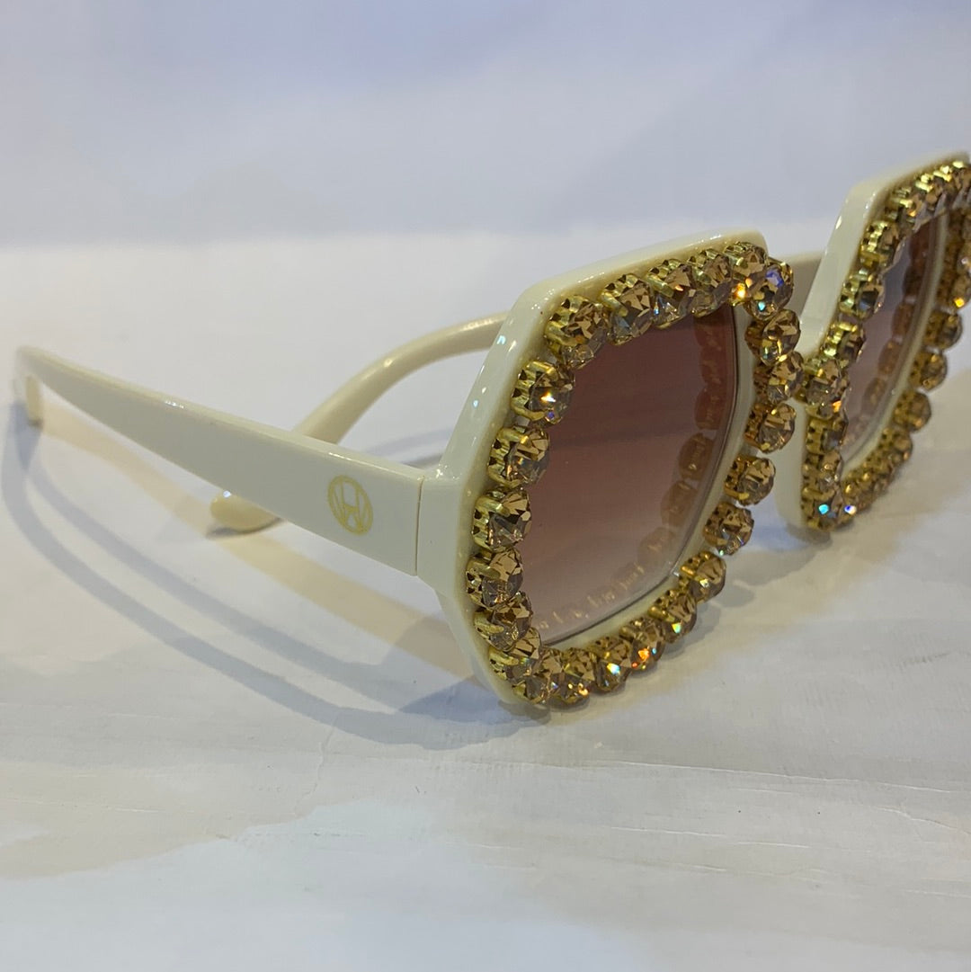 MAH Off White Frame Brown Shade Crystal Rhinestone Sunglass
