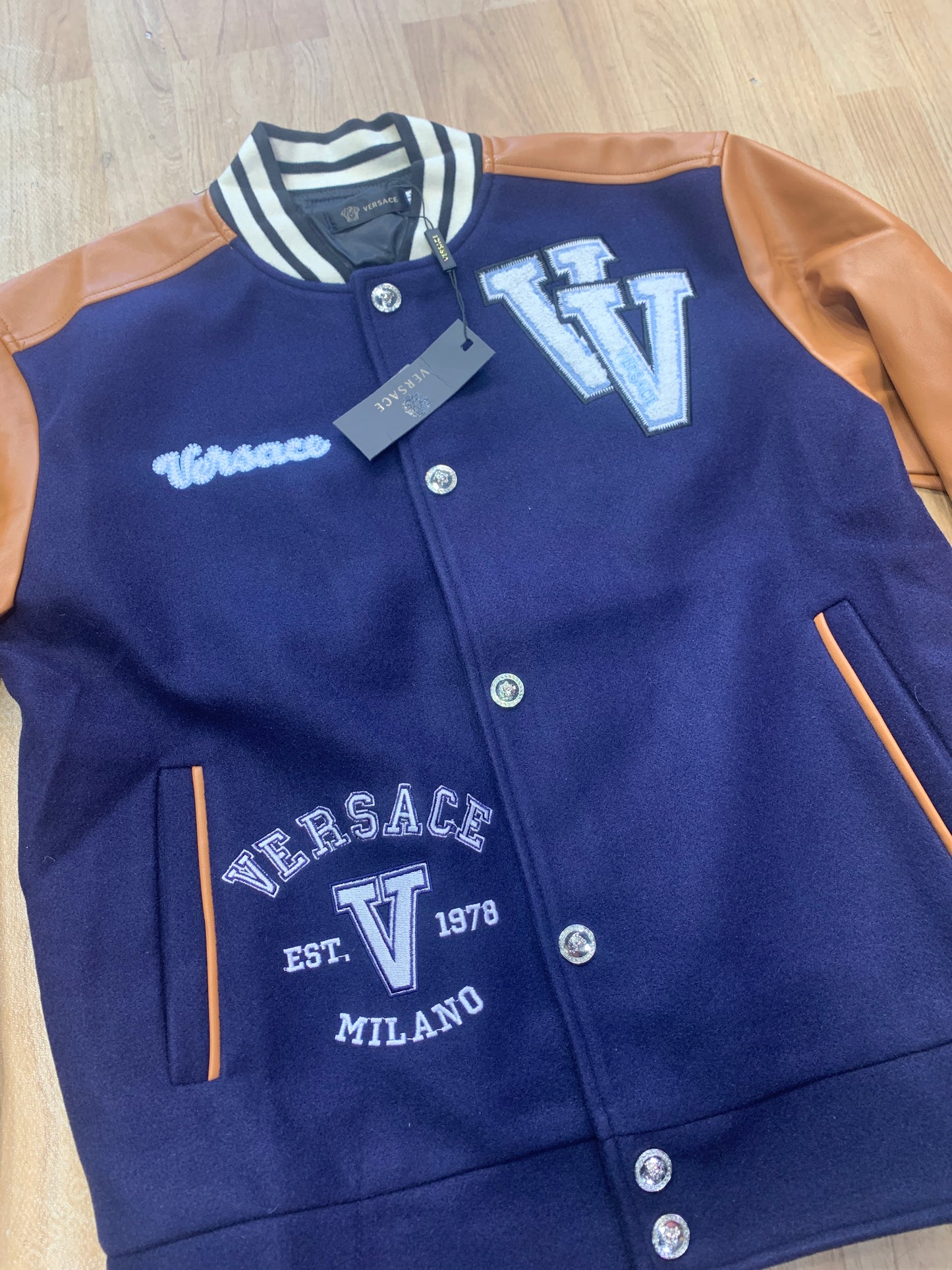 REV Navy Blue Colour With Front Embroidery Premium Quality Varsity Jacket 90951