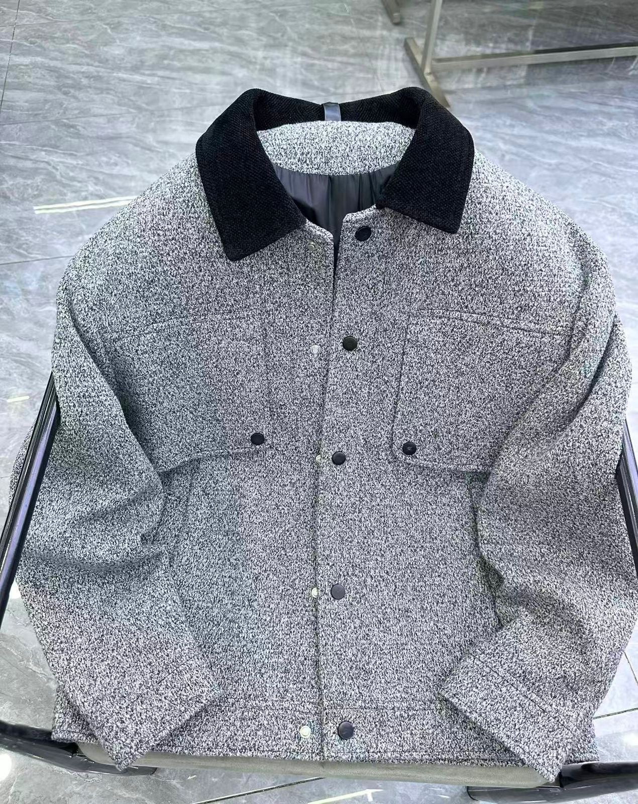 Grey Colour Black Collar Cardigan Coat Unisex Jacket 9901