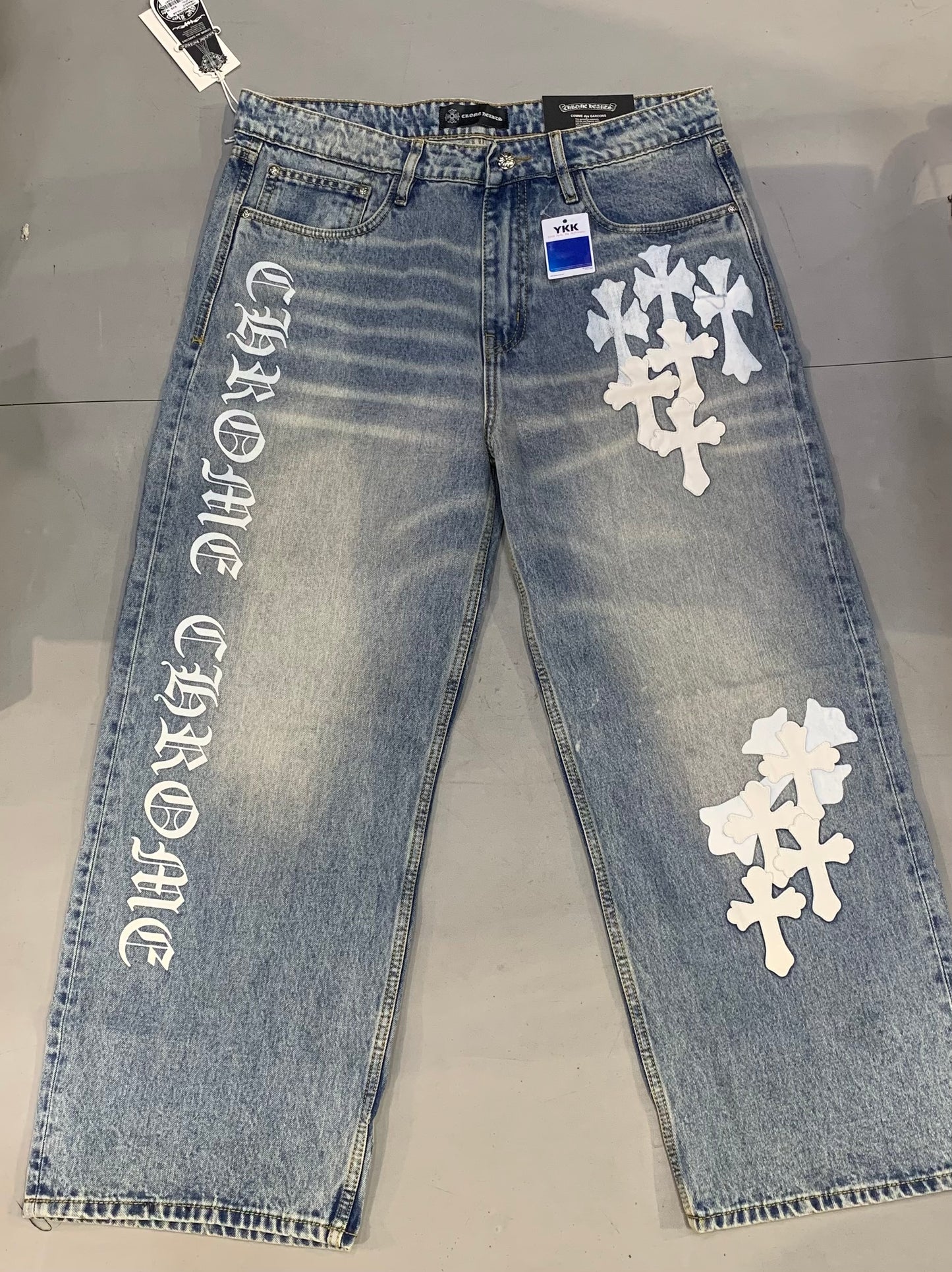 RHC CHR Faded Greenish Blue Denim White Pach With Print Premium Quality Straight Baggy Fit Jeans 374V