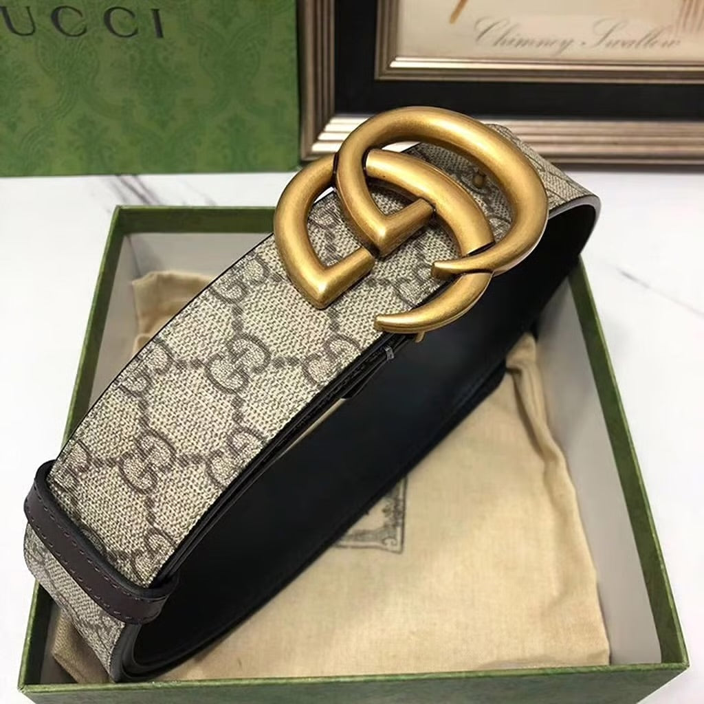 CUG GUC Gold Buckle GG Print Apricot Black Double Side Unisex Belt GG-4