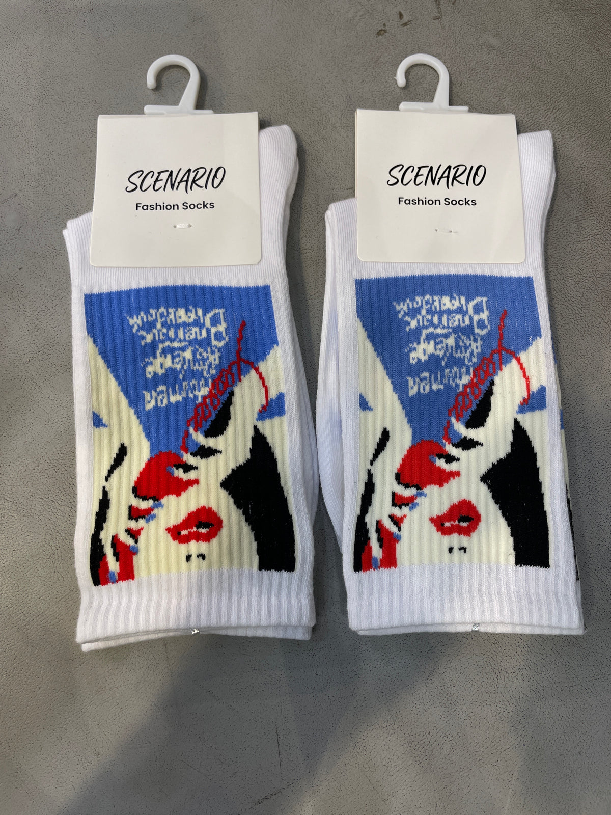 Scenario White Cream Blue Red Colour Girl Face Print Premium Quality Full Socks 991166