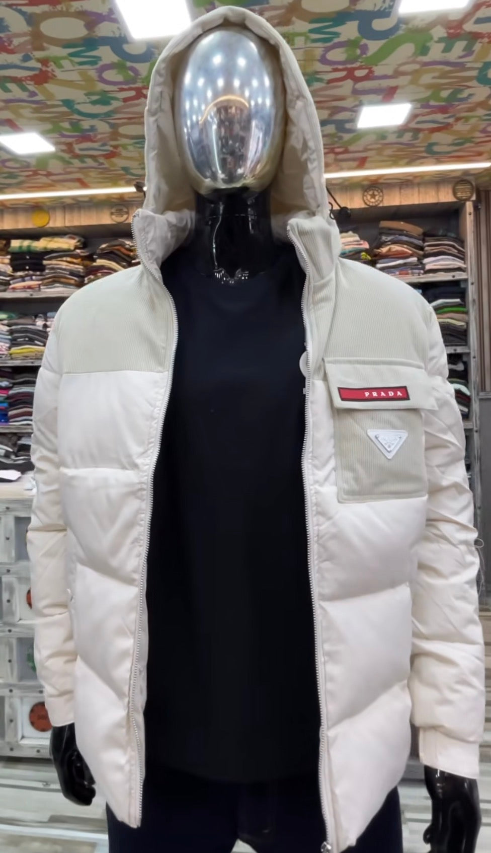 ARP PRA Cream Leather With Corduroy Premium Quality Puffer Men’s Hooded Jacket J9530