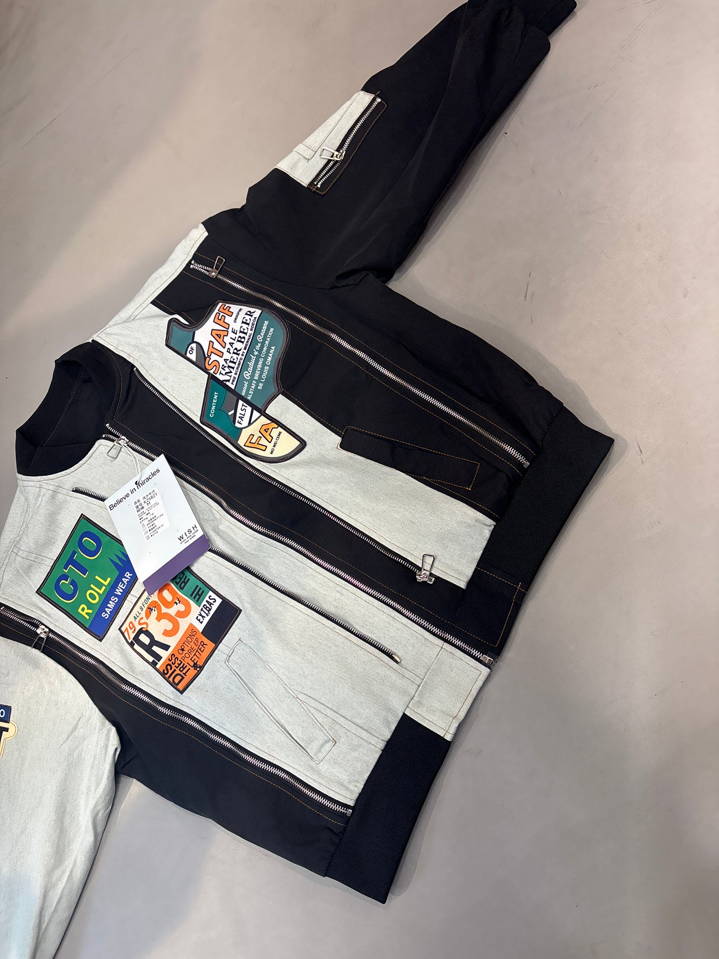 LDA Cto Roll Sams Wear Blue Black Designer Patch Work Zip Work Full Sleeve Denim Jacket K25821