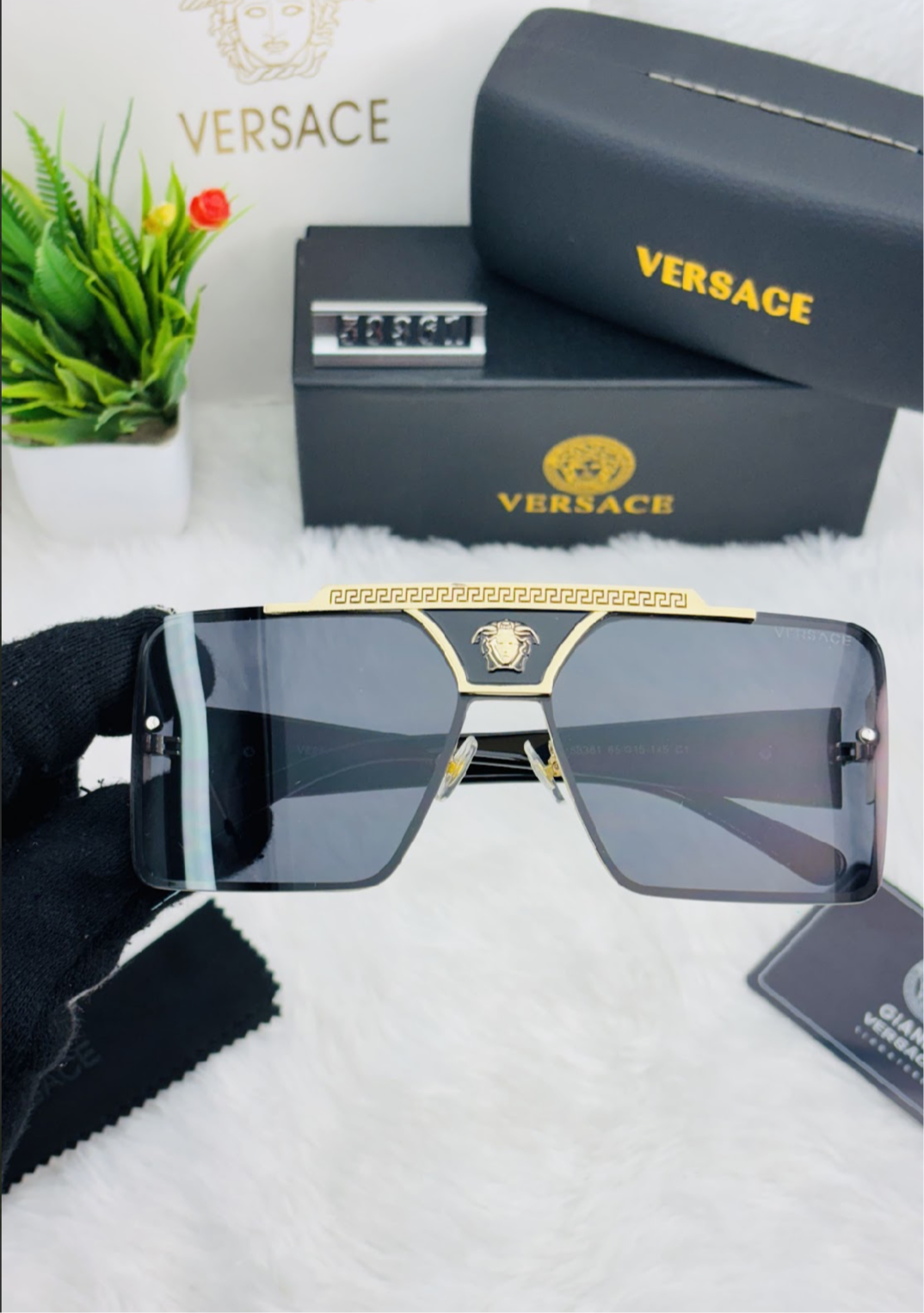 VER REV Black Golden Glossy Frame Black Shade Unisex Branded Sunglasses 58361 65 15-145 C1
