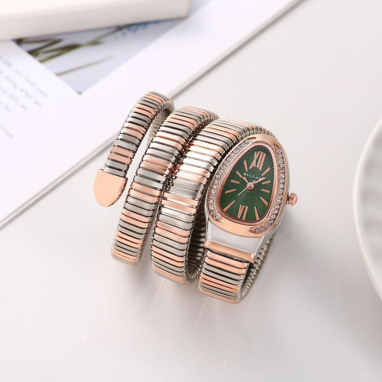 LVB Copper Silver Snake Chain Ladies Stud Green Dial Watch 989345