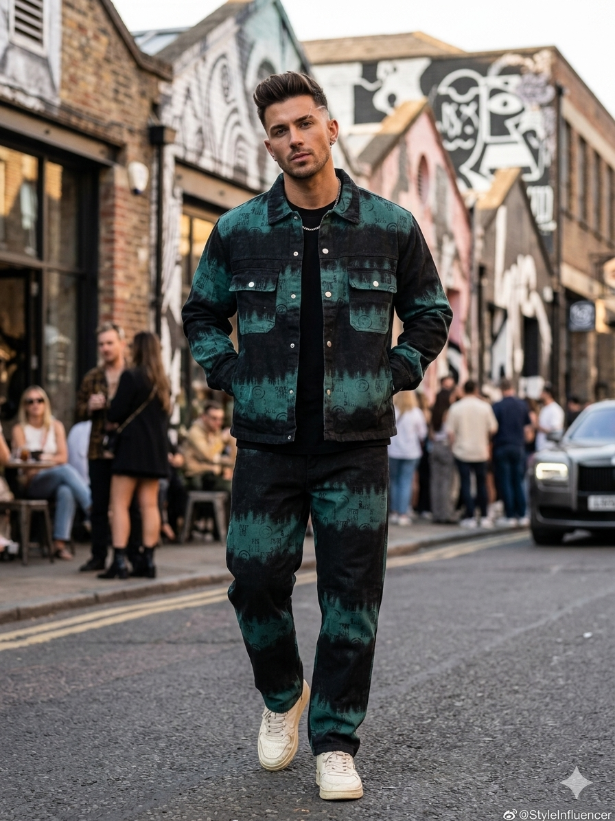 SHOW HONOR Denim Black Green Colour With Smiley Print Shirt And Jeans Imported Unisex Coord Set A002