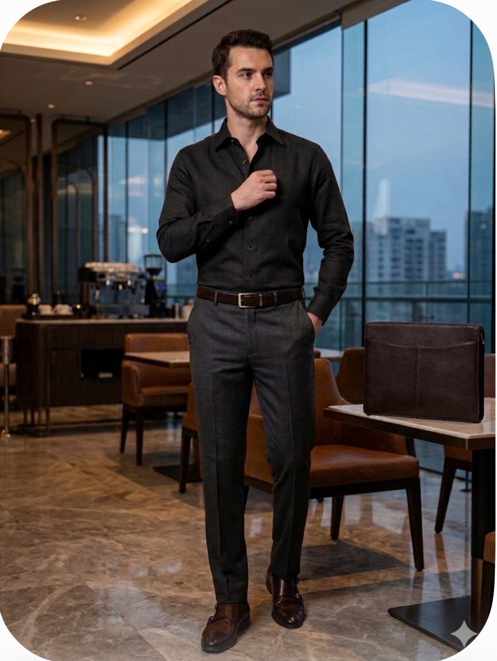 AQUARIUS Black Colour Premium Quality Plain Full Sleeve Linen Shirt 990836