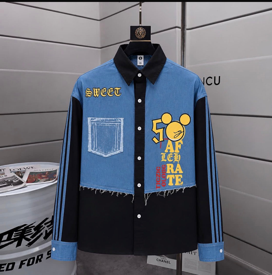 Gunot Fashion Black Colour Blue Denim yellow Print Full Sleeve Imported Men’s Shirt 2685