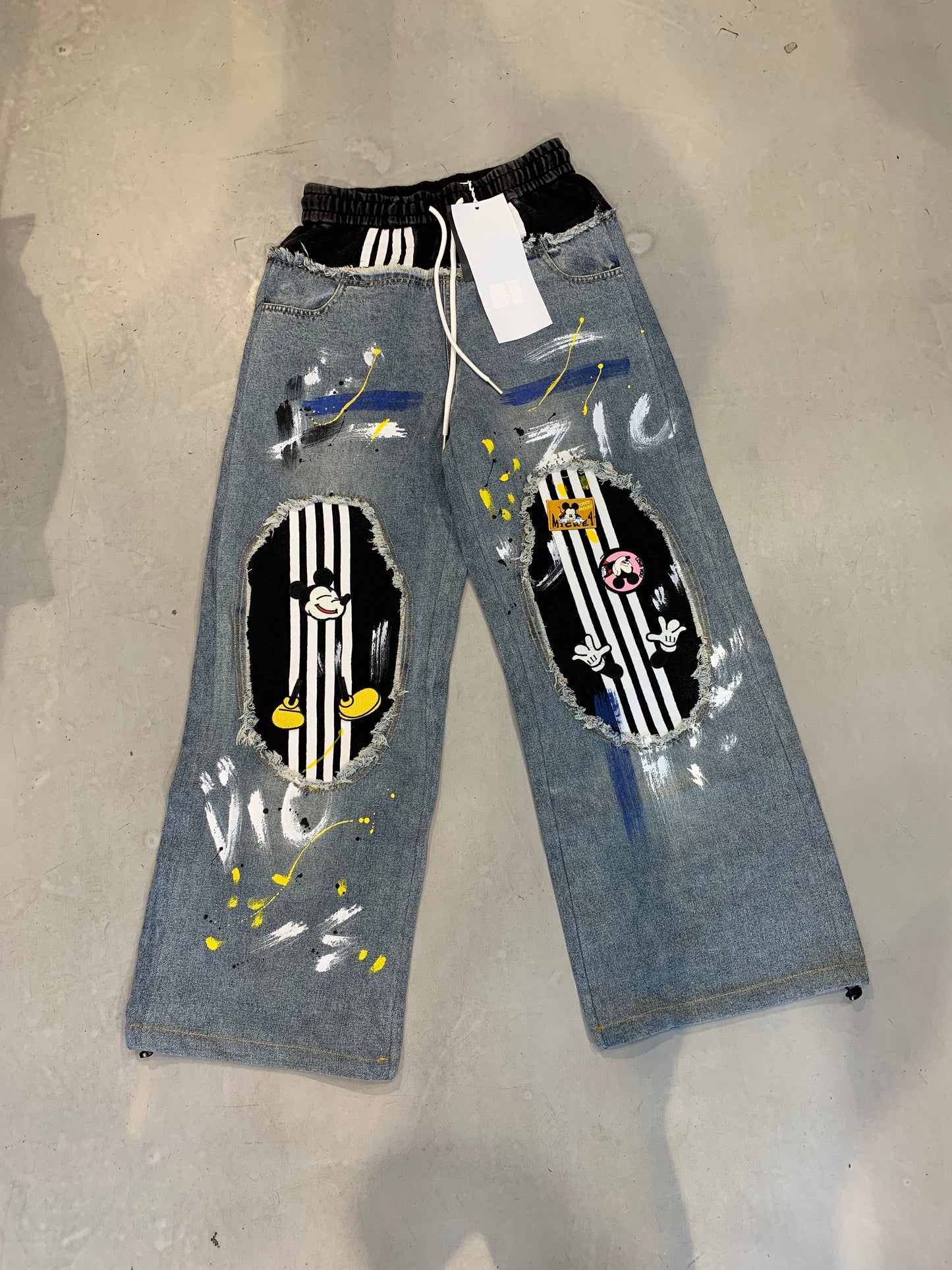 A.F VICZIC Blue Denim With Black Patch White Stripe Panted Imported Baggy Fit Jogger Jeans 58265