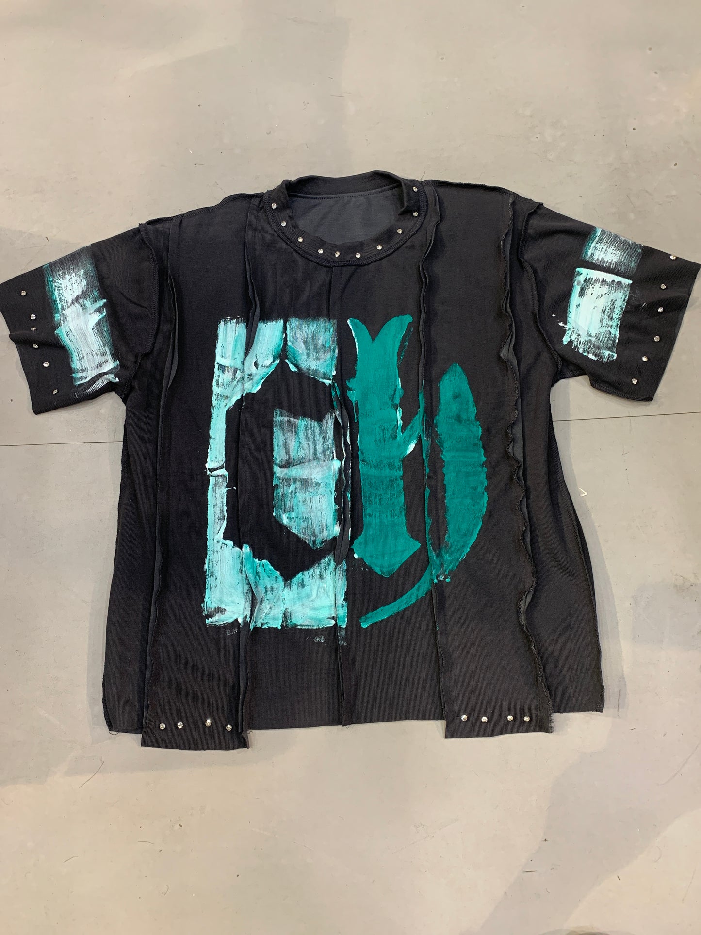 Dark Grey Colour Green Paint With Stone Studd Premium Quality Imported Oversized Unisex T Shirt 990372