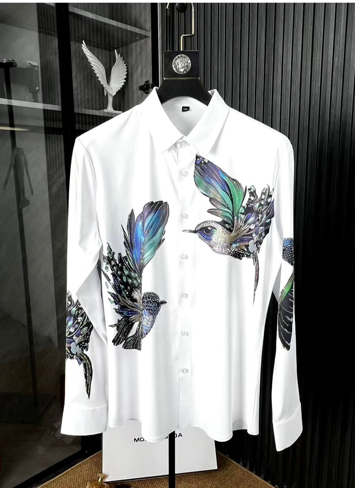 Modenggeda White Colour Bird Colour Stone Print Full Sleeve Imported Shirt 72545