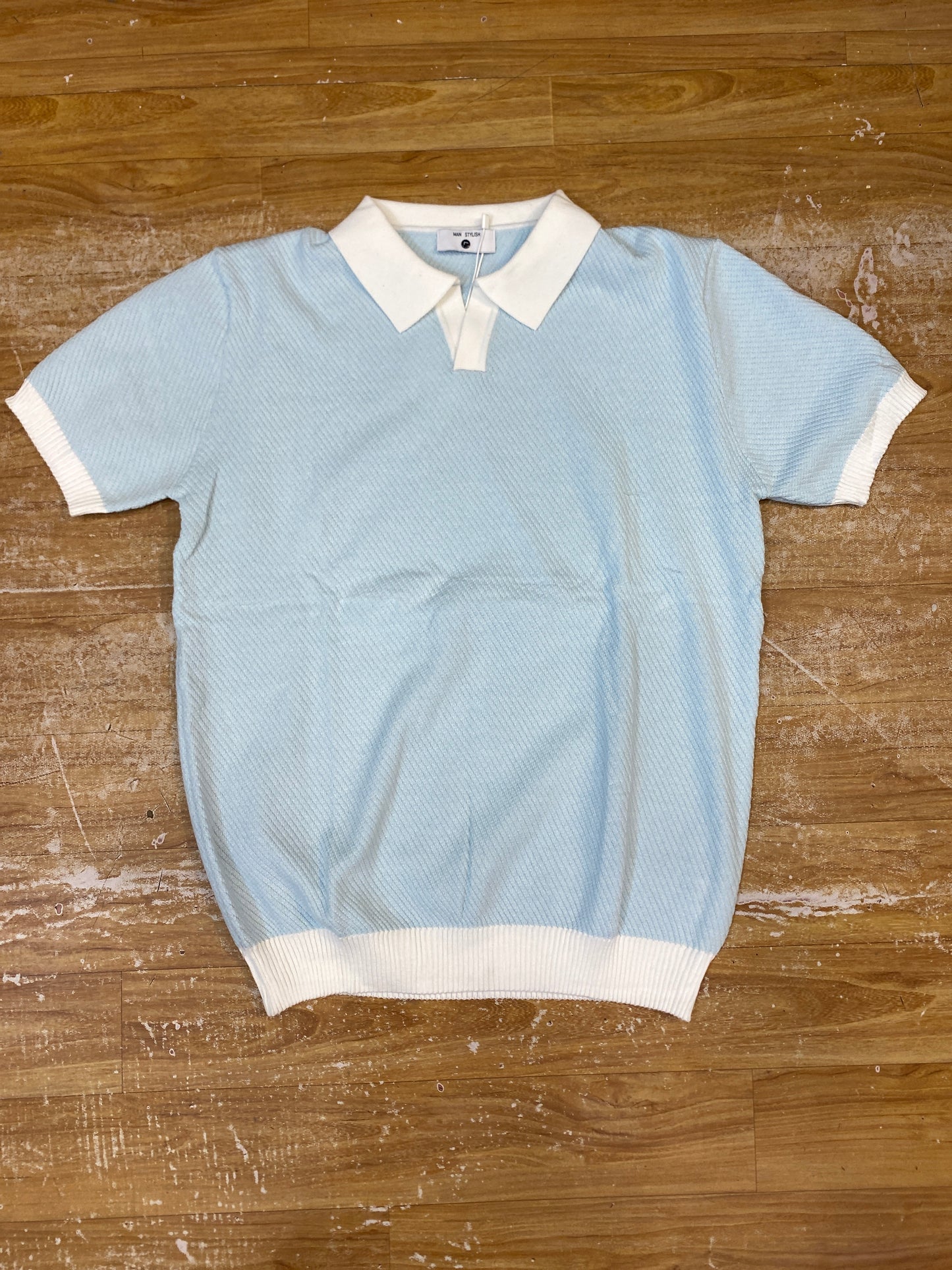 Man Style Sky Blue colour Knitted White Collar Premium Quality Unisex Collar T-Shirt R86136