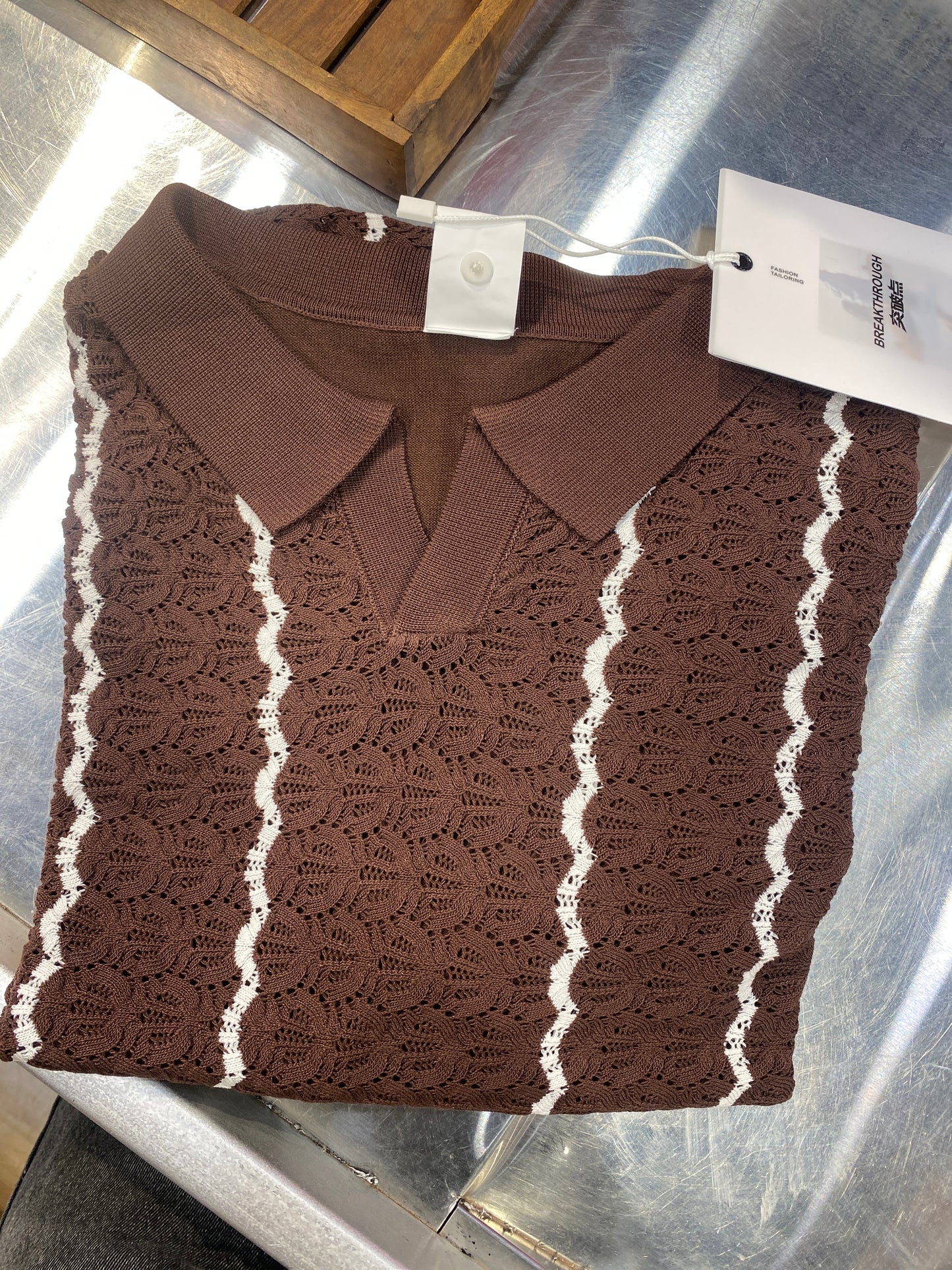 PERFECT FUSION Brown White Colour With knitted Designs Premium Quality Collar Tshirt H9603