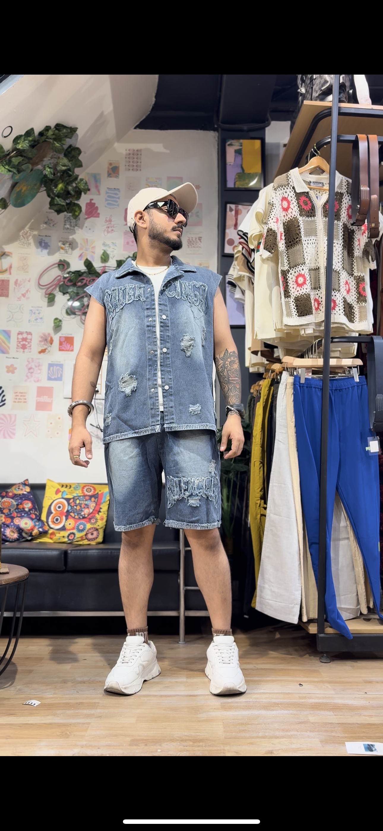 Bal Lab Blue Grey Cut Sleeve Shirt With Shorts Denim Coord Set 88008