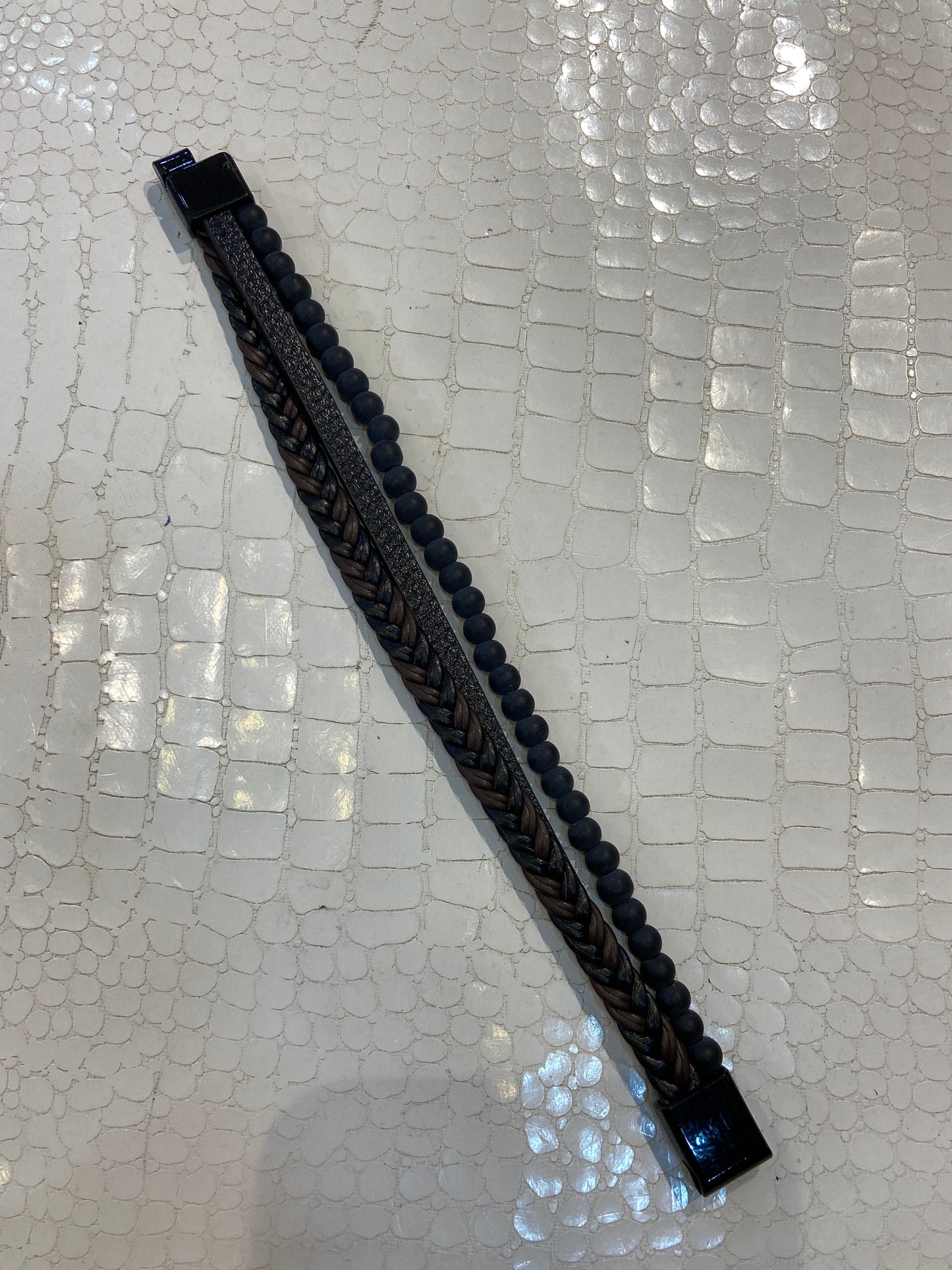 Black Brown Colour Black beads Black Lock Unisex Three Layers Leather Bracelet 988444