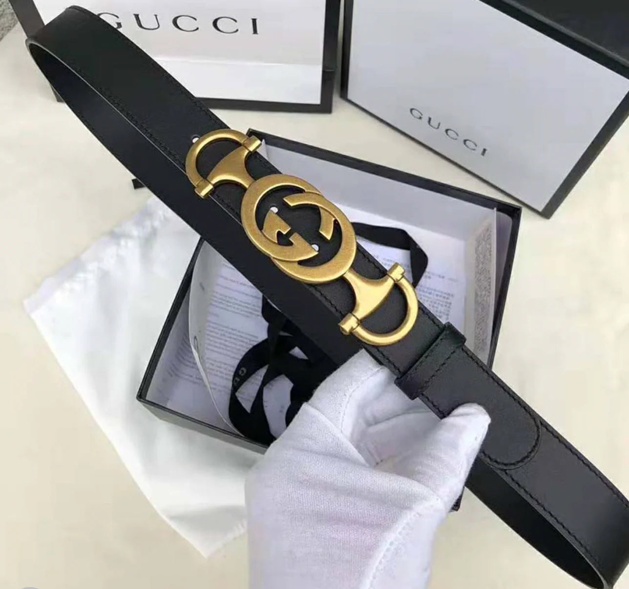 CUG GUC Gold Buckle GG Print Black Double Side Unisex Belt GG-5