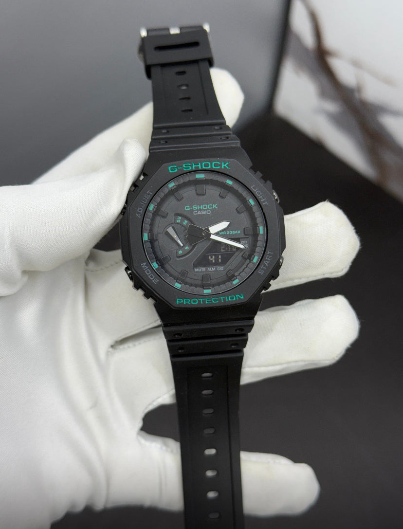 Hsg Black Silicone Strap Black Green Dial Water resistant Sports Men Watch 989496