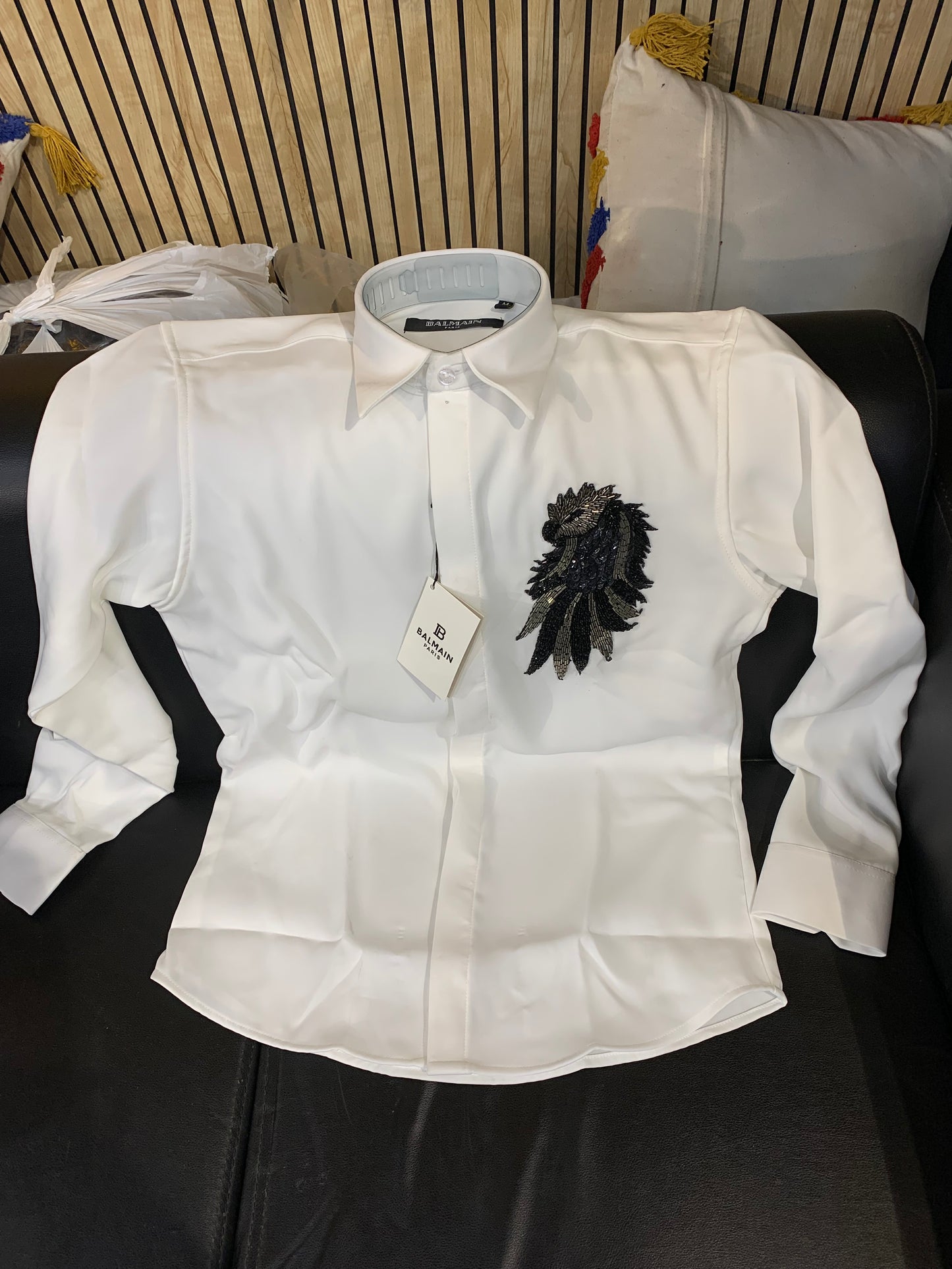 LAB BAL White Colour Parrot Stone Handmade Work Premium Quality Japanese Fabric Men’s Shirt 990144