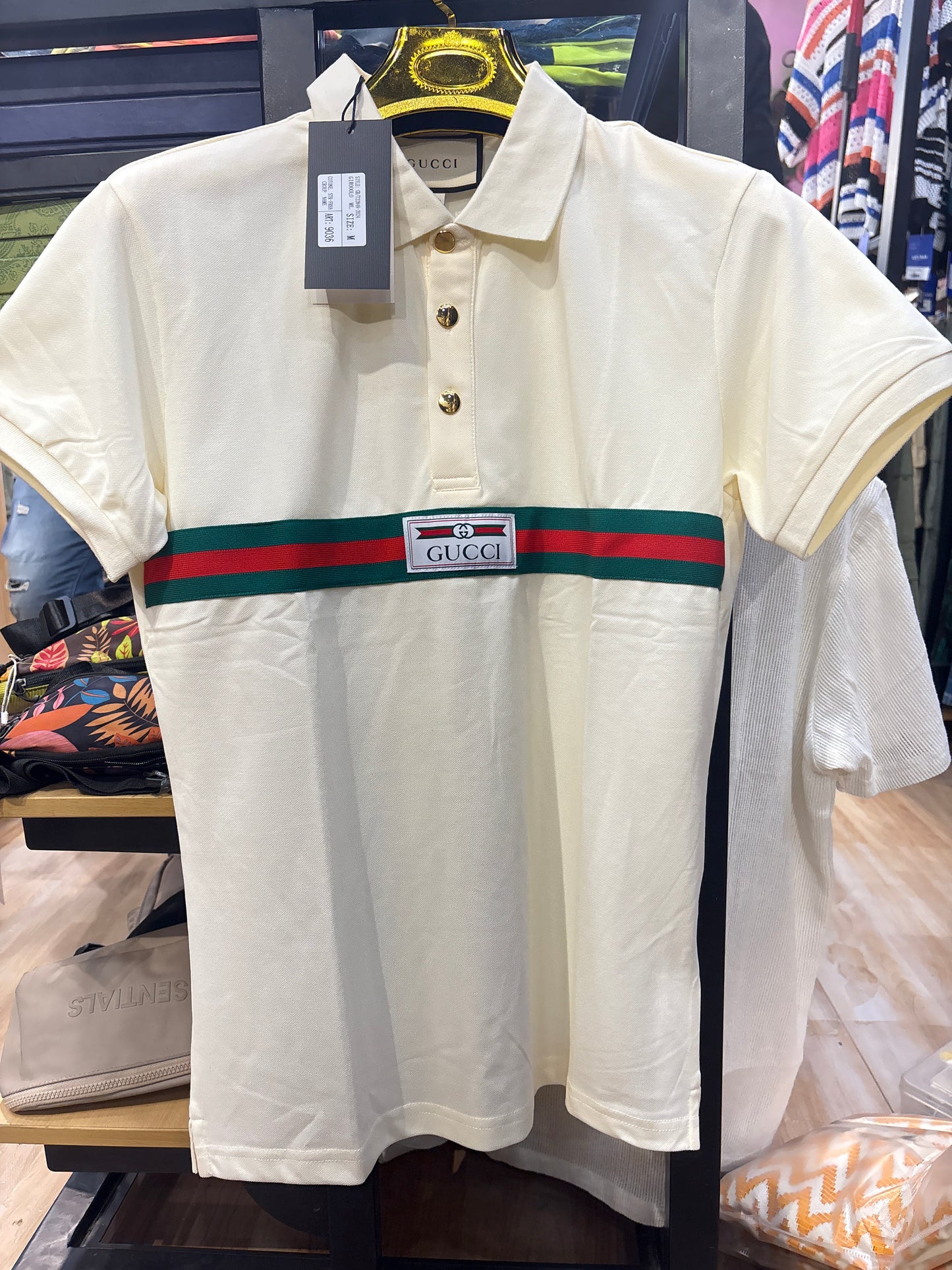 Cug Cream Colour Green Red Stripe Collar Premium Quality T Shirt 9036