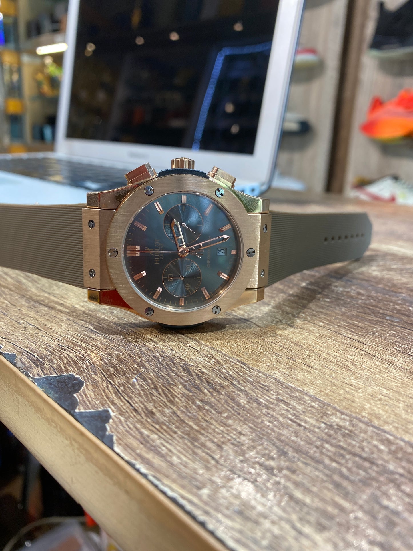 Buh Grey Green Strap Copper Black Dial Chrono Watch For Men 400930