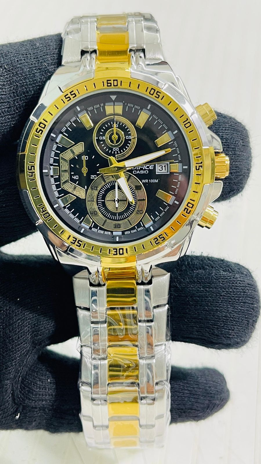 Ide Silver Golden Chain Black Dial Chrono Watch For Men 988978