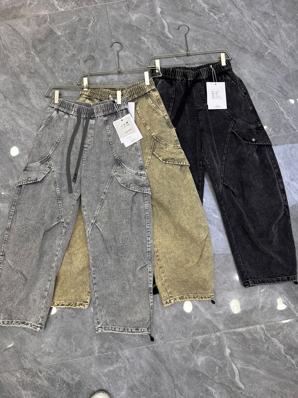 YZY Korean Style Faded Green Baggy Fit Denim Cargo Pants Y1076
