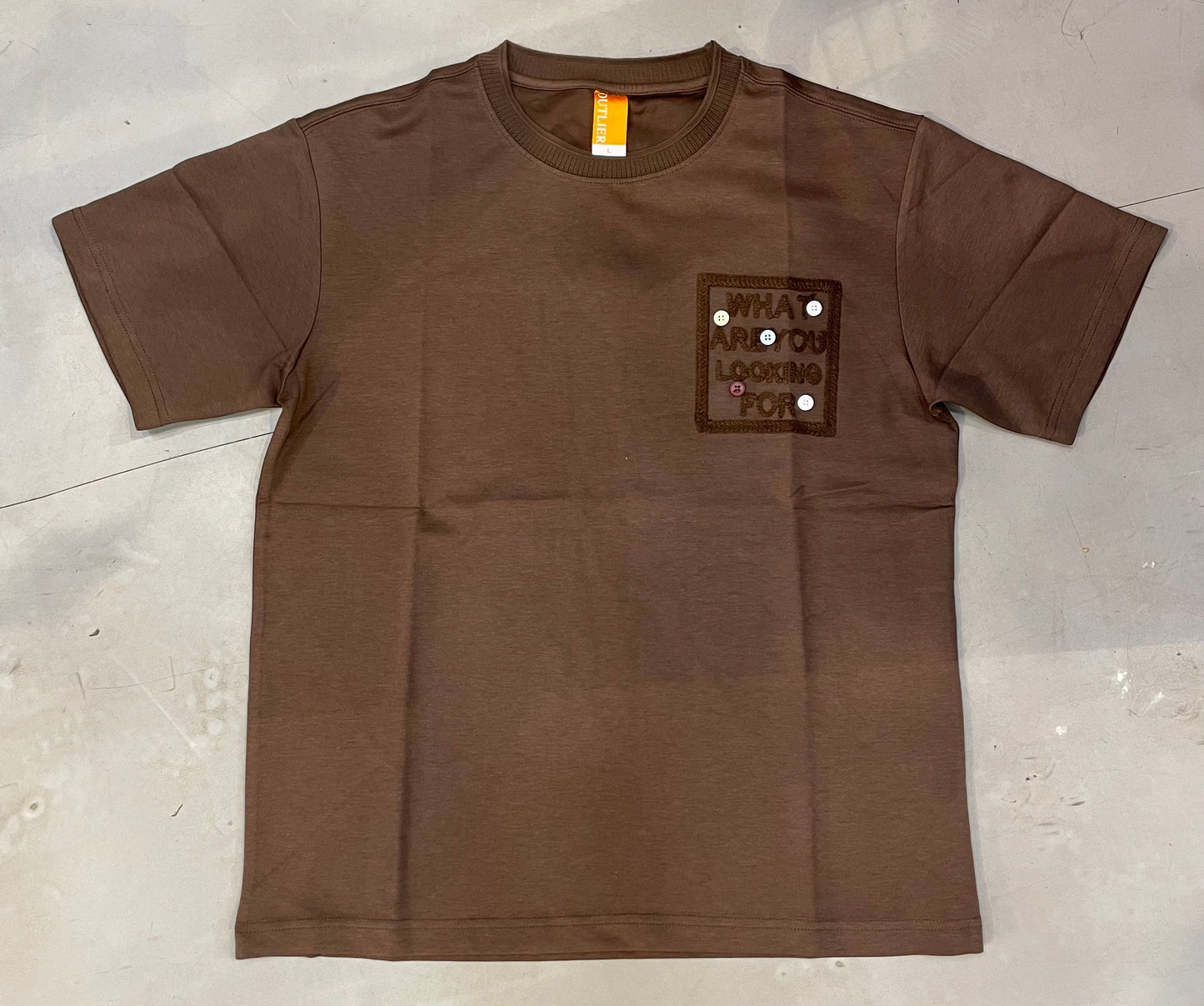 OUTLIER Brown Colour WHAT ARE YOU LOOKING FOR Button Patch Imported T-shirt OL507