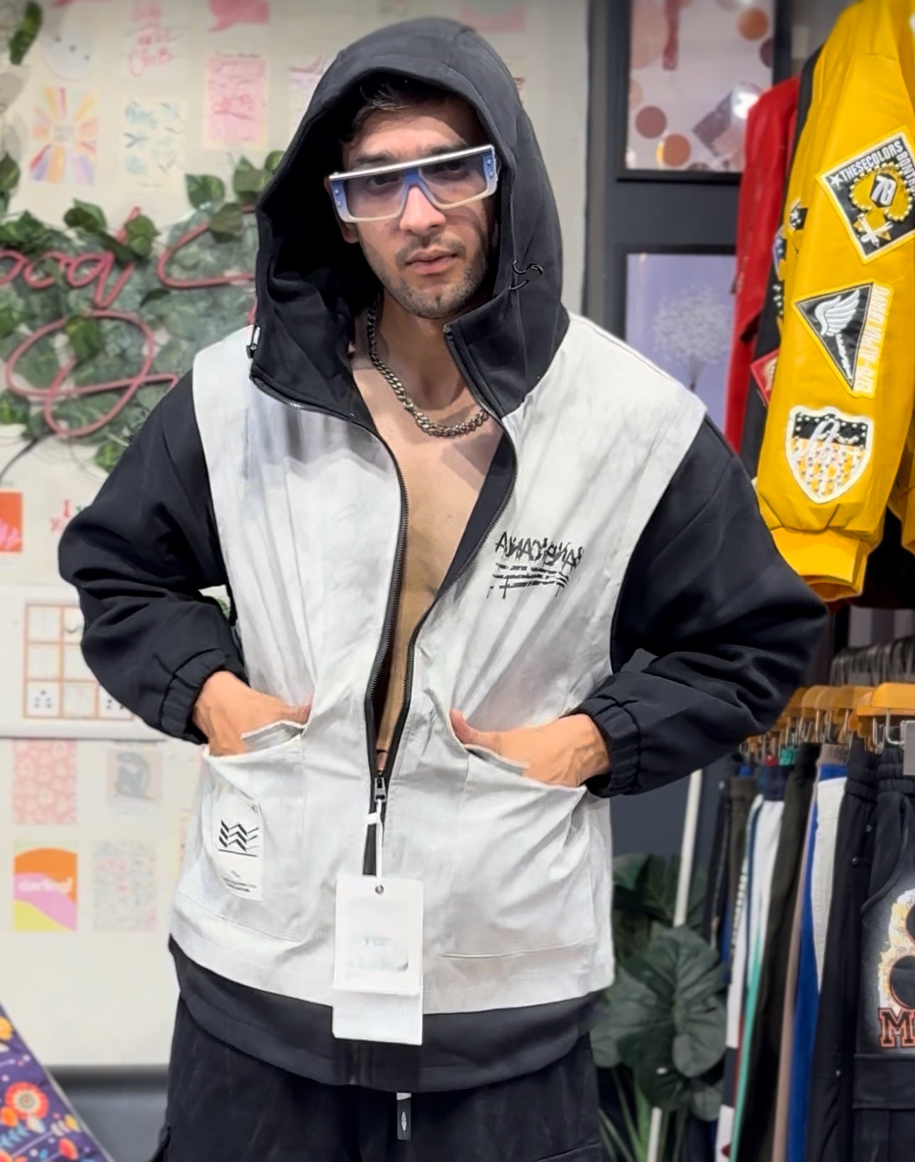 Banenciaga Grey Black Print Full Sleeve Hooded Jacket 9810