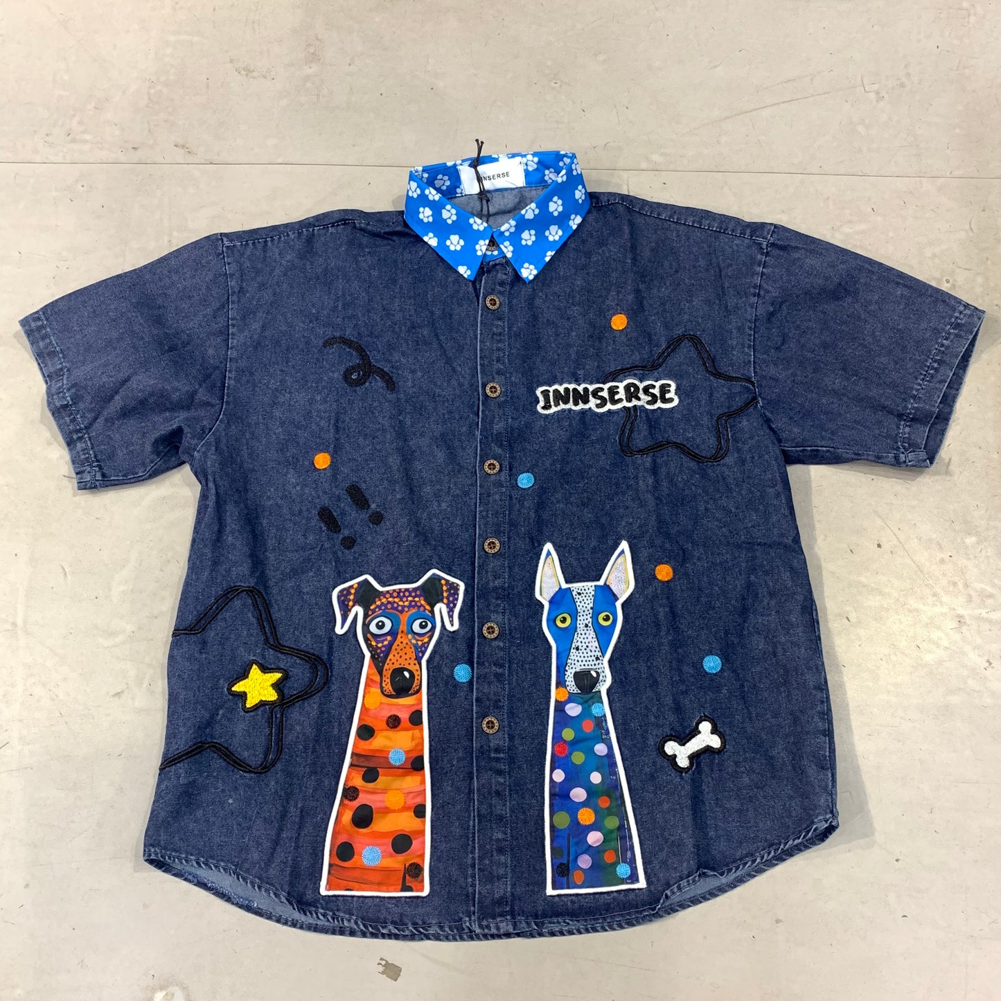 INNSERSE Blue Denim Shirt Dog Print Light Blue Collar Dog Foot Print Imported Unisex Shirt 5147