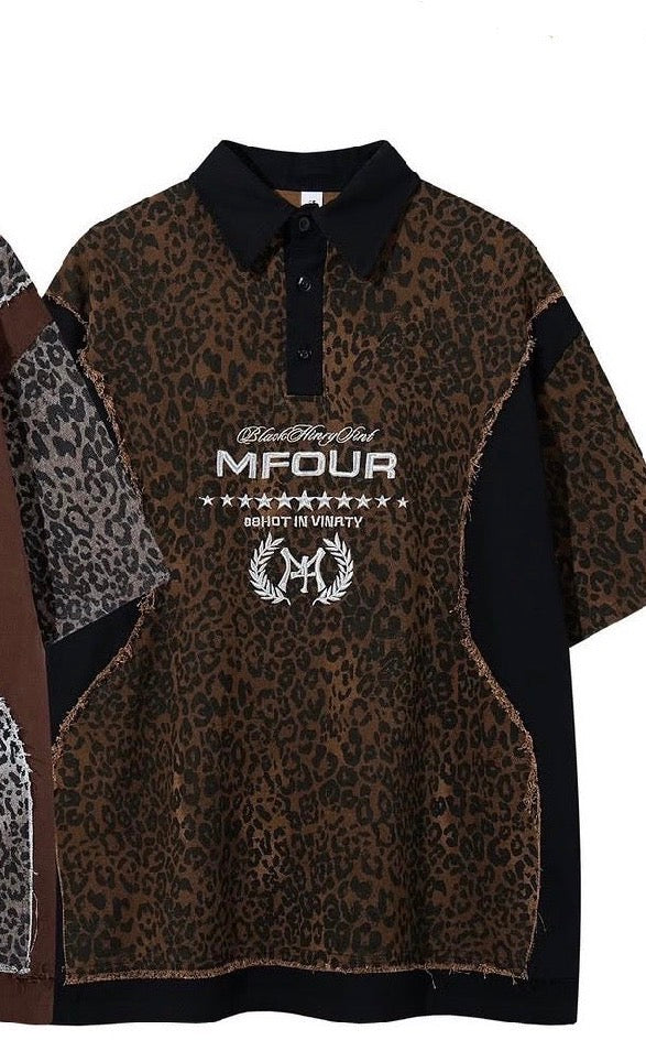M Four Black Leopard Print Colour Half Sleeve Baggy Fit Coller T-shirt 298