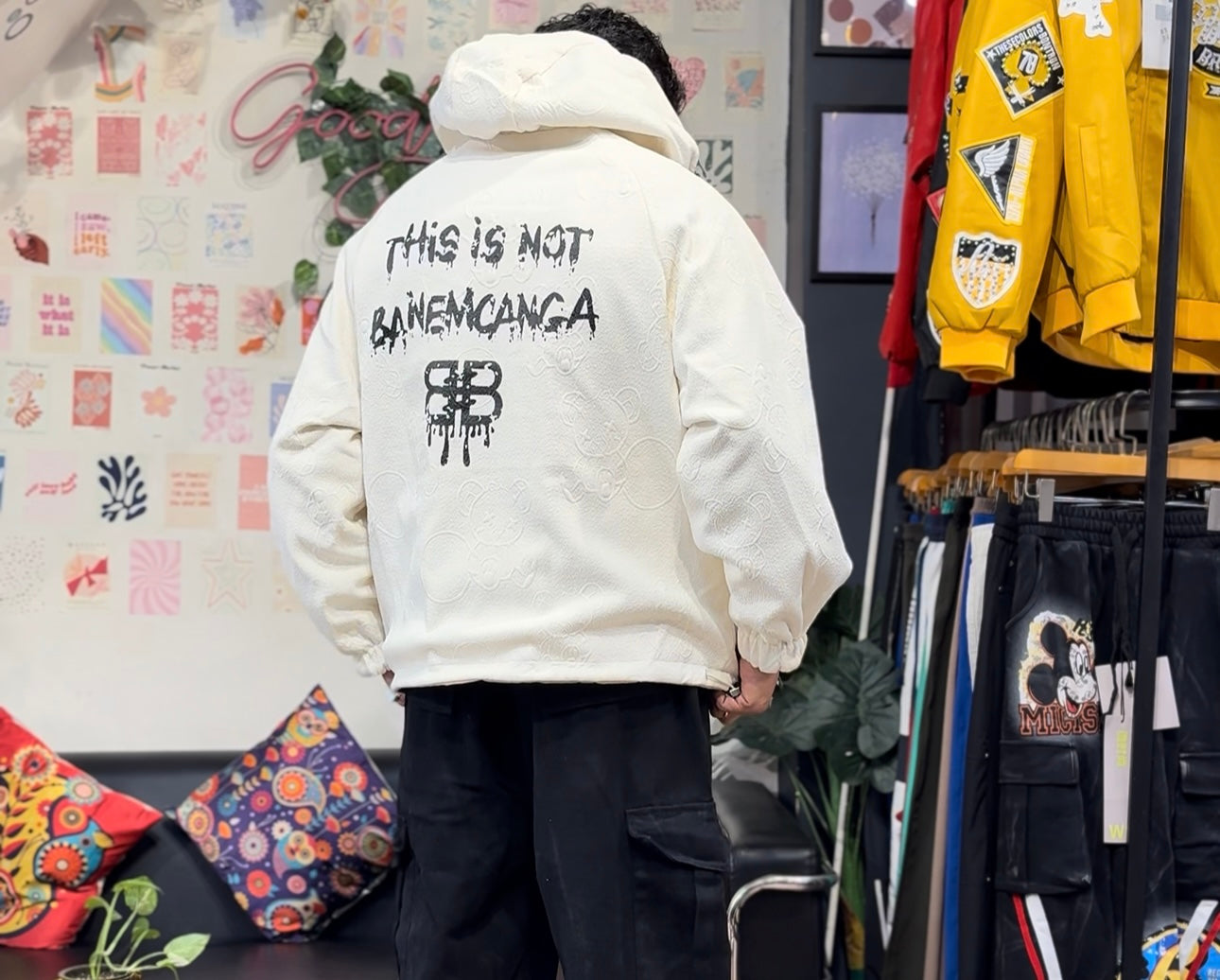 Bts Pna Ban Cream Grey Print Full Sleeve Hooded Reversible Jacket 2515